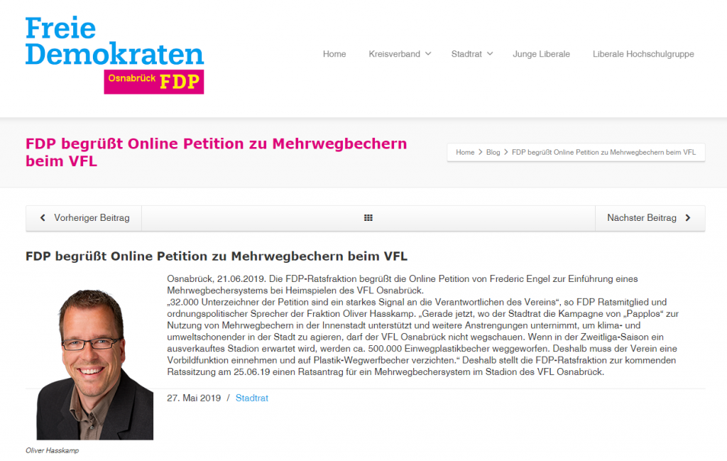 FDP begrüßt Online Petition zu Mehrwegbechern beim VFL